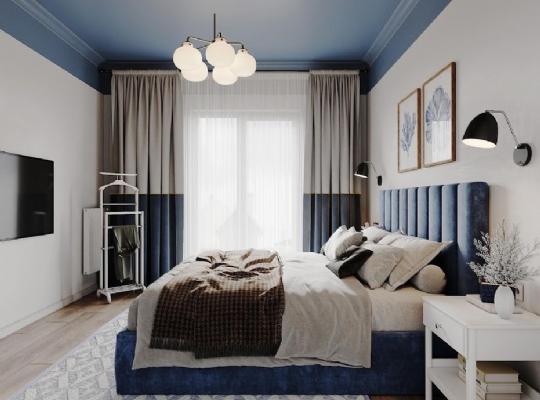 Bej Mavi Yatak Odası Tavan Dekorasyonu
